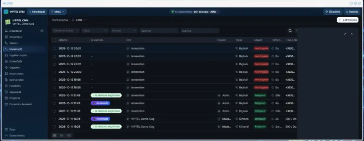 Az AI CRM hívásnaplója